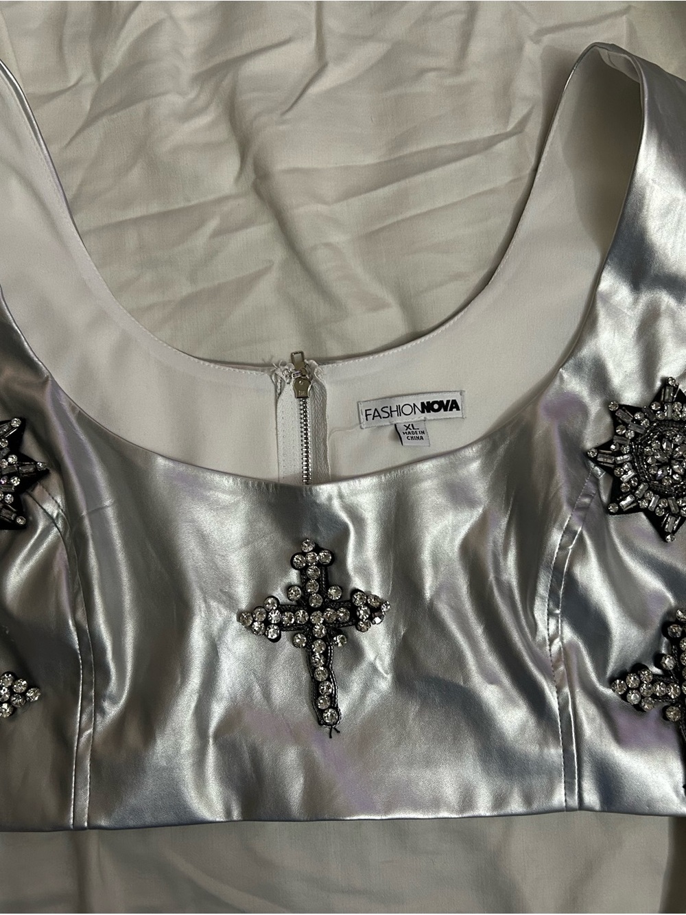 Fashion Nova Rave Rosalia Silver Metallic Crystal Cross Crop Top